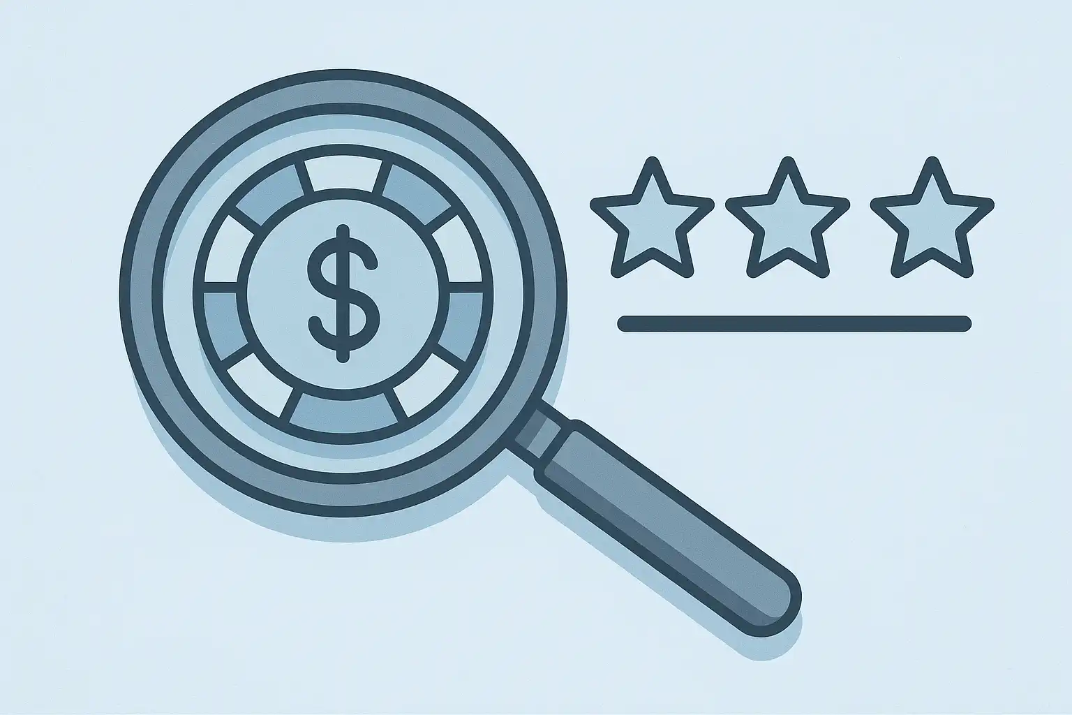 Magnifying glass over a casino chip and star rating representing a TiffanyLuck casino review